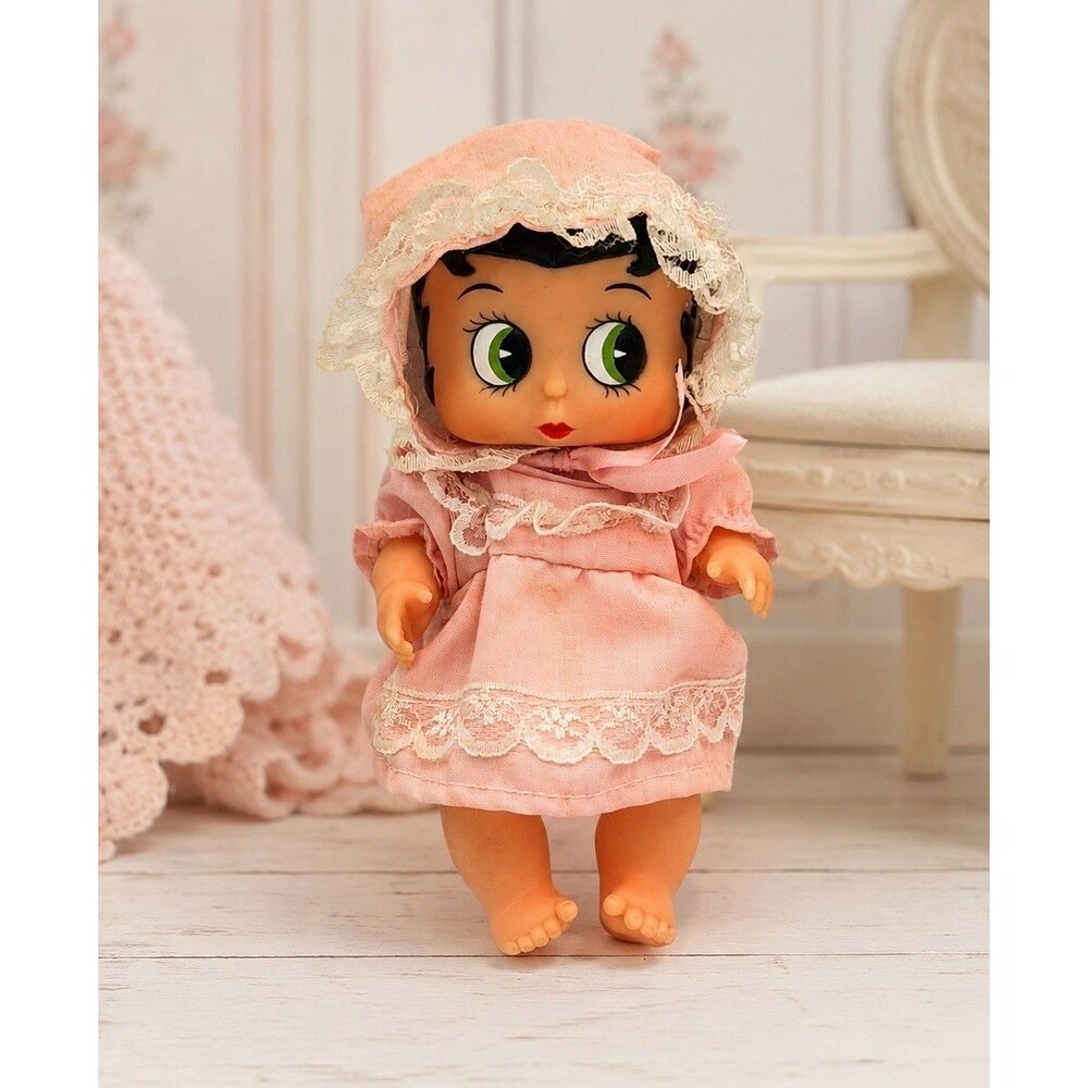 1988 Betty Boop Baby Doll Marty Toy USA Pink Lace Dress Bonnet 6” Vintage